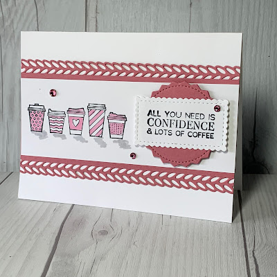 Card showing 5 to-go coffee cups and a coffee sentiment