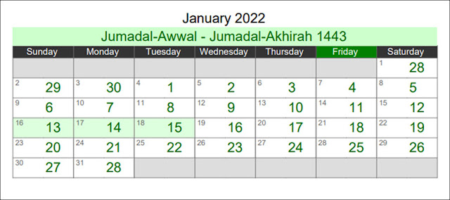 Islamic Calendar January 2022 (Jumadal-Awwal - Jumadal-Akhirah 1443)