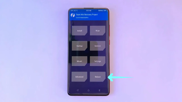 Click on reboot here Reboot in TWRP in k20 pro