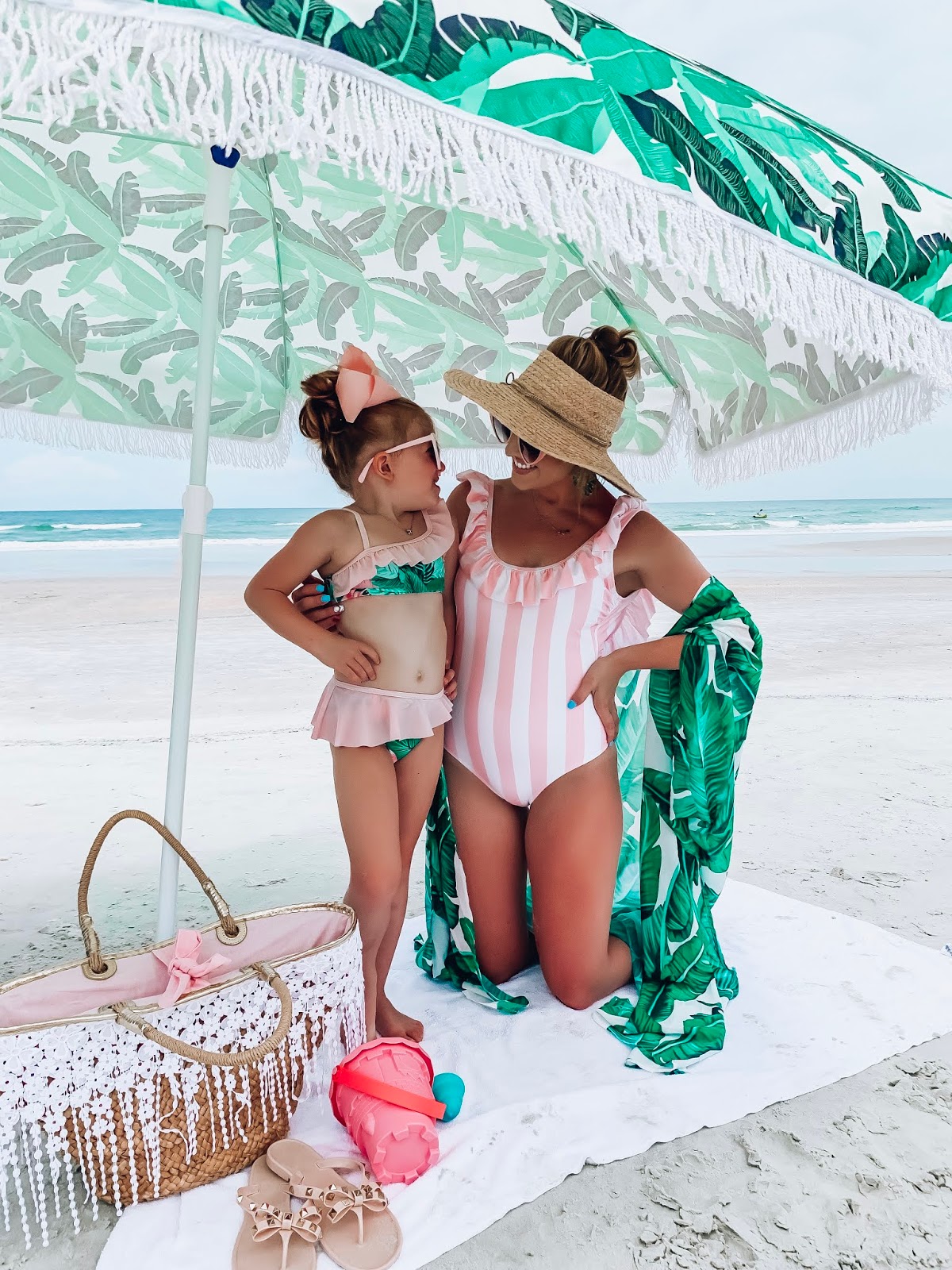 $40 Target Ruffle Back Swimsuit: Pink & White Stripes + Palm Print, Beach Style - Something Delightful Blog