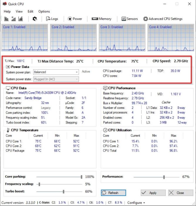 Quick CPU - мониторинг производительности процессора и энергопотребления