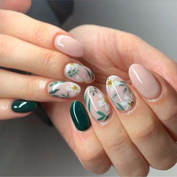 green flower nail designs