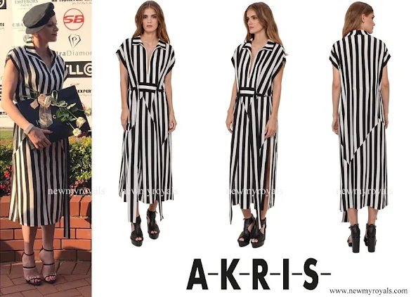 Princess Charlene wore AKRIS Silk Crepe Striped Dress