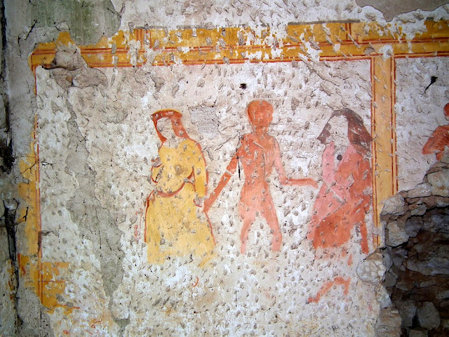 Detail of the Danse Macabre wall paintings in the Chapelle de Tous les saints, Preuilly sur Claise, Indre et Loire, France. Photo by Loire Valley Time Travel.