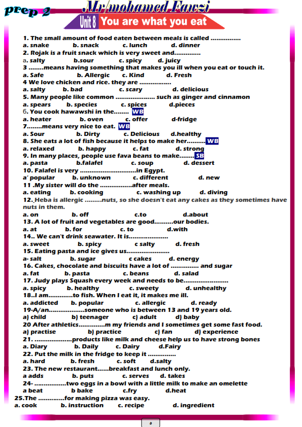 مراجعة مقرر امتحان شهر مارس لغة انجليزية الصف الثاني الاعدادي بنظام الاختيار من متعدد  2ndrprep.doc_005