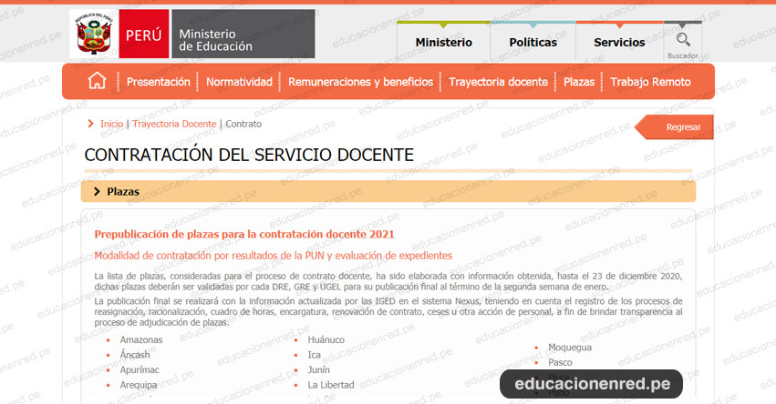 MINEDU: Prepublicación de Plazas Vacantes para Contratación Docente 2021 (Actualizado 30 Diciembre) www.minedu.gob.pe MINEDU: Prepublicación de Plazas Vacantes para Contratación Docente 2021 (Actualizado 30 Diciembre) www.minedu.gob.pe