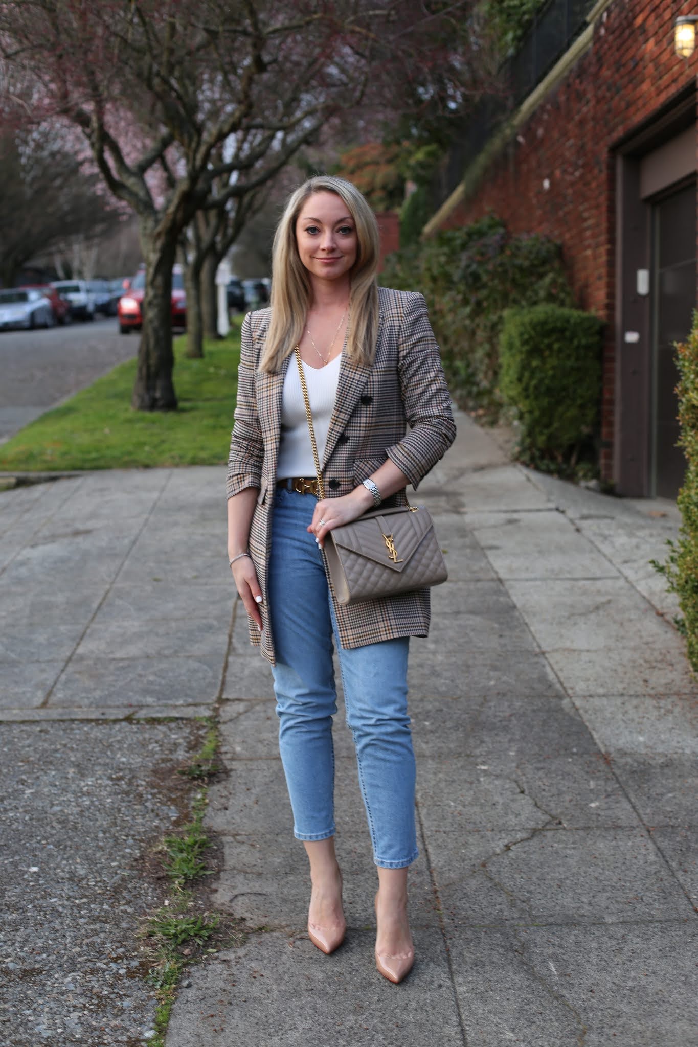 Spring Style: Plaid Long Blazer + Straight Leg Jeans + YSL Medium
