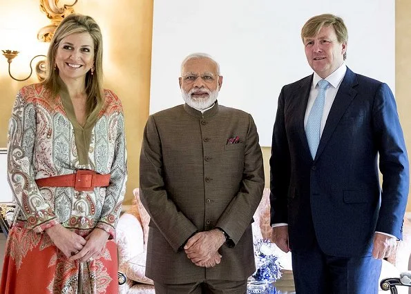 Queen Maxima met with Indian Prime Minister Narendra Modi. Queen Maxima wore Etro multicolor paisley Printed Skirt and Blouse