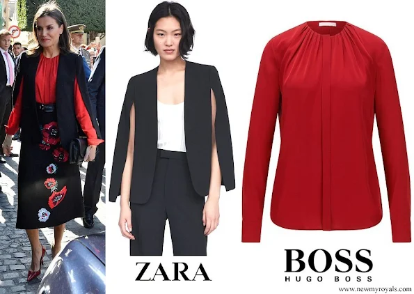 Queen Letizia wore Zara cape style jacket and Hugo Boss Banora Gathered Silk Blouse