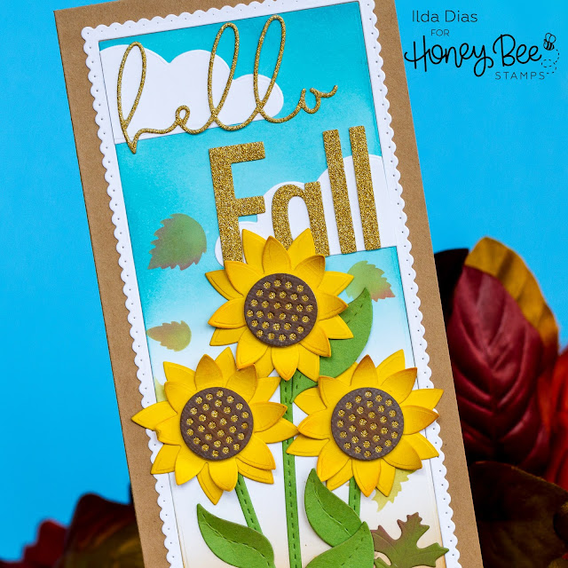 Hello, Fall, Sunflower, Slimline, Scene Honey Bee Stamps, Ink Blending, distress oxide inks, Card Making, Die Cutting, handmade card, ilovedoingallthingscrafty, Stamps, how to,  