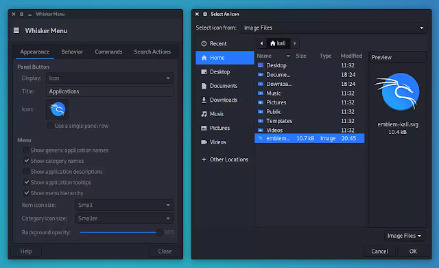 kali menu icon changing settings