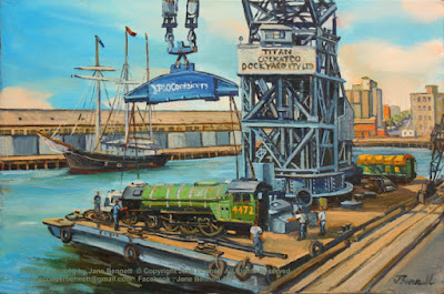 Plein air oil painting of the crane 'Titan'  unloading the heritage steam locomotive 'The Flying Scotsman' at the Pyrmont Wharves  by industrial heritage artist Jane Bennett