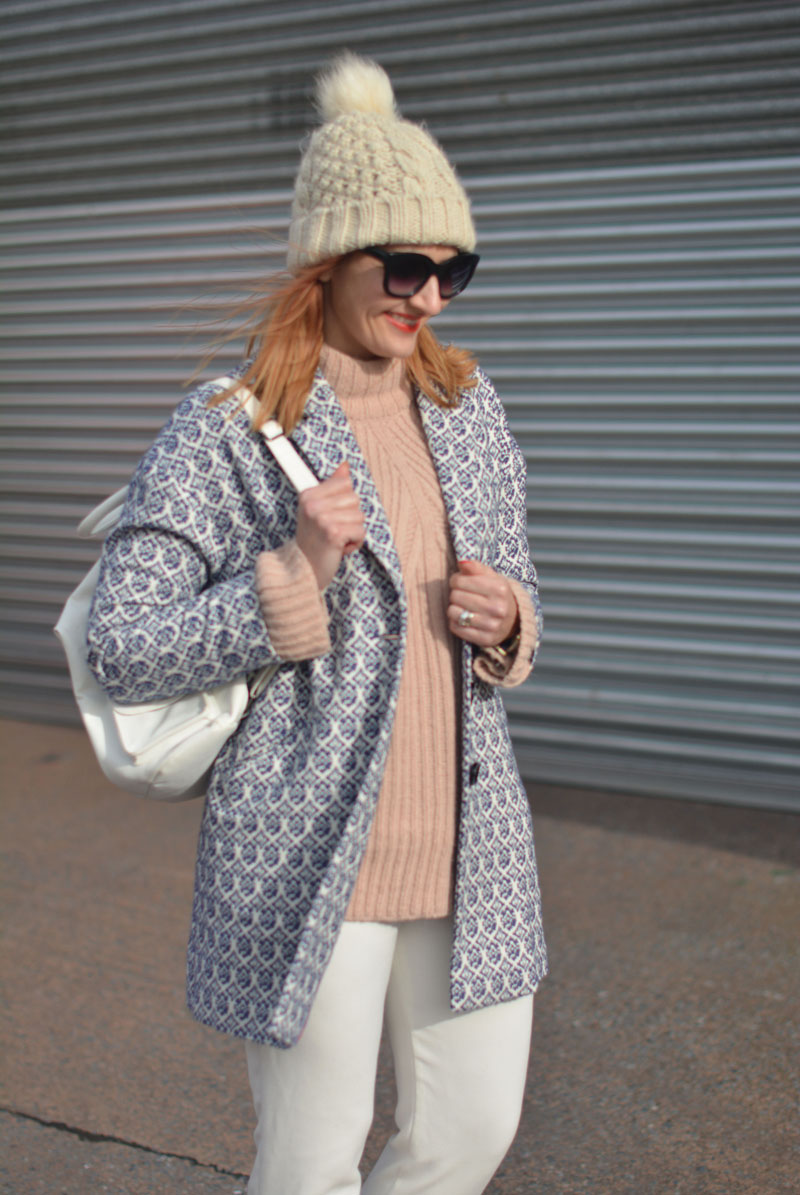 Blush pink, white and blue jaquard winter layers | Not Dressed As Lamb