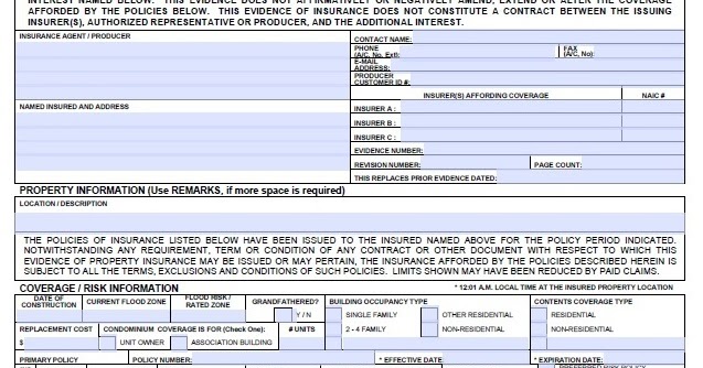 Evidence Of Insurance Acord Form / Printable acord 36 2007