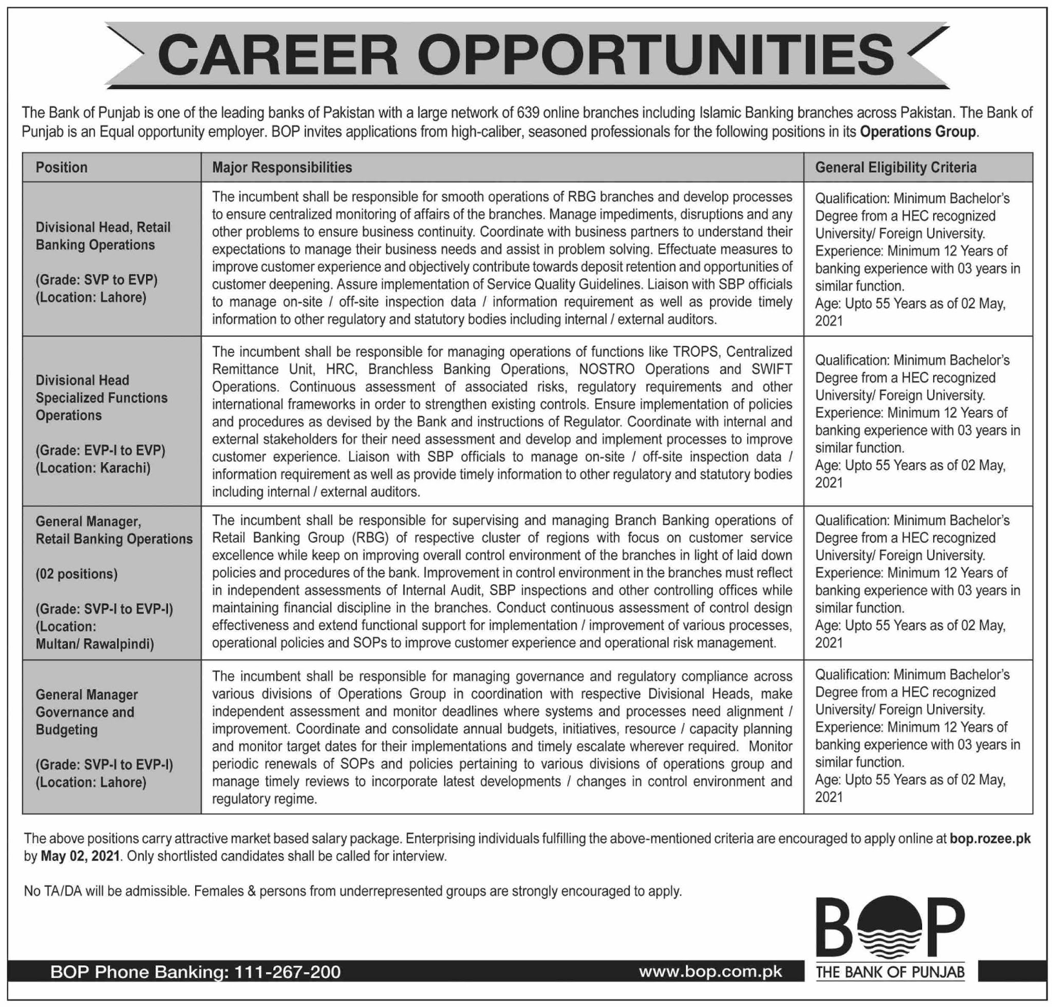 Bank of Punjab (BOP) Jobs 2021 in Pakistan Bank of Punjab (BOP) Jobs 2021 in Pakistan