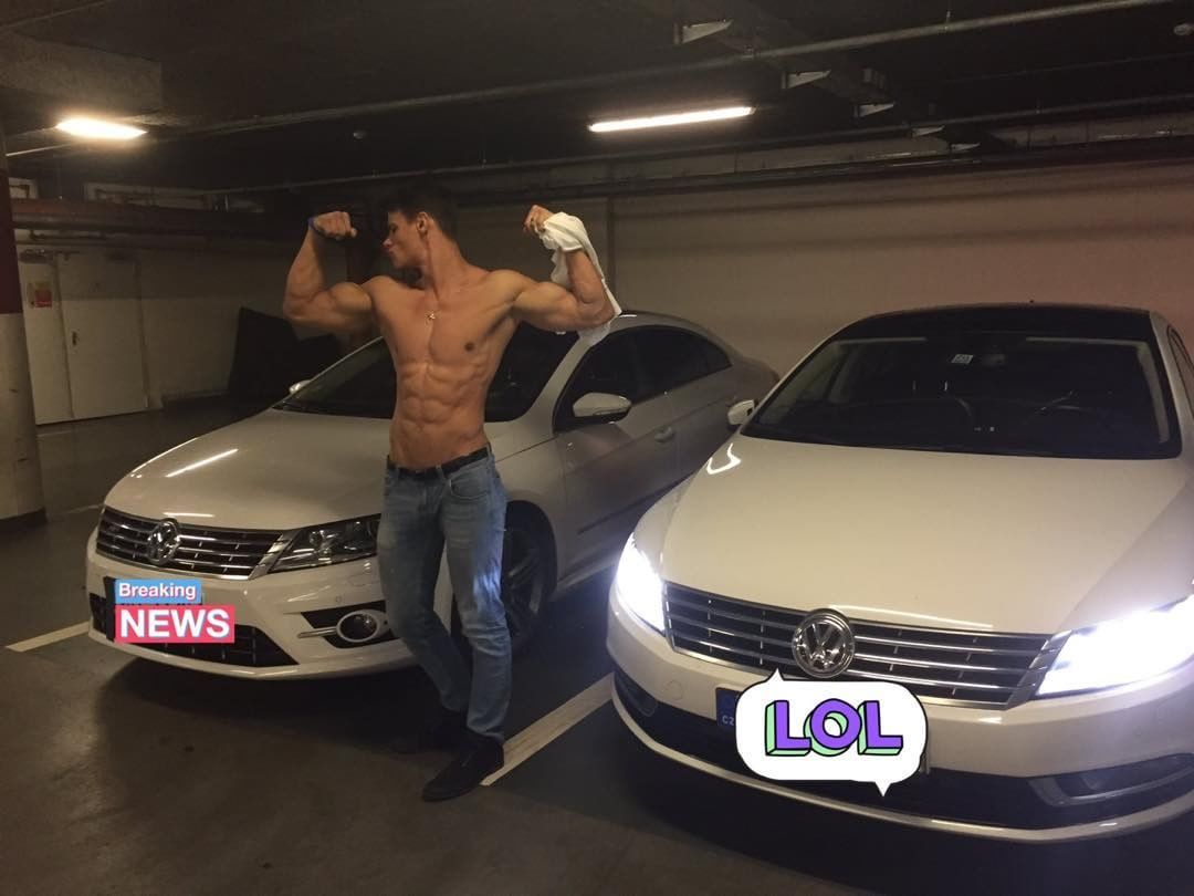 shirtless-fit-young-ripped-abs-cocky-teen-bro-flexing-biceps-luxurious-cars-garage
