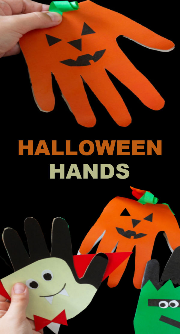 Turn kids hand prints into adorable Halloween art and make "SPOOKY HANDS" #halloween #halloweencrafts #handprintcraftsforkids #spookyhands #growingajeweledrose #activtiesforkids