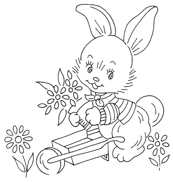 Tranh tô màu con thỏ và bó hoa