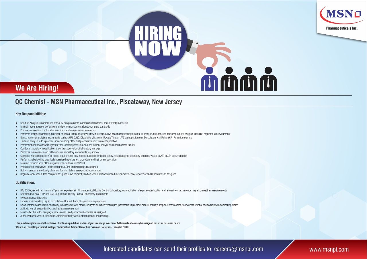 Abroad Job Openings for QC Supervisor / QC Chemist / Analytical Chemist