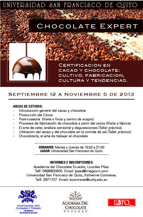 Matrículas abiertas para Certificación "Chocolate Expert" de Academia del Chocolate y Colegio de Hospitalidad, Arte Culinario y Turismo-USFQ