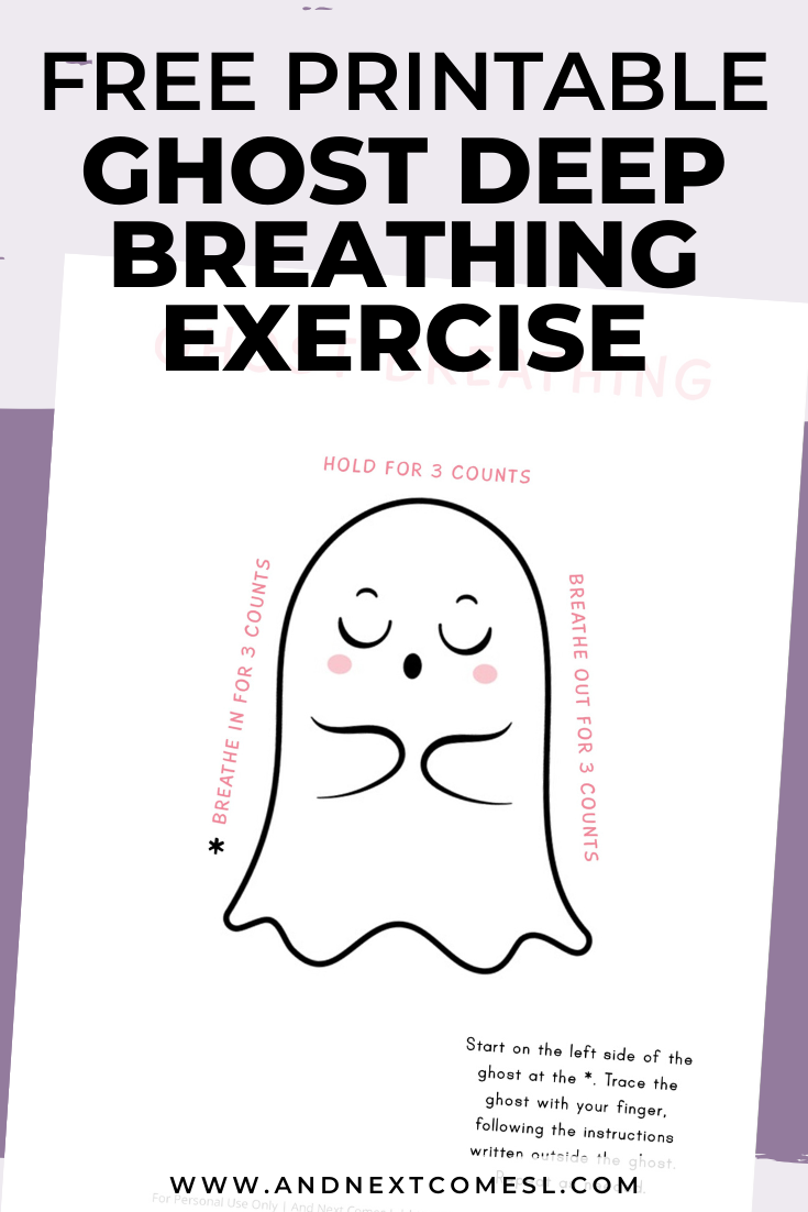 Halloween themed ghost deep breathing exercise for kids with free printable mindfulness poster