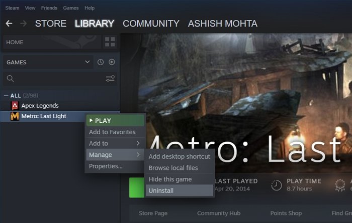 Desinstalar juegos de Steam