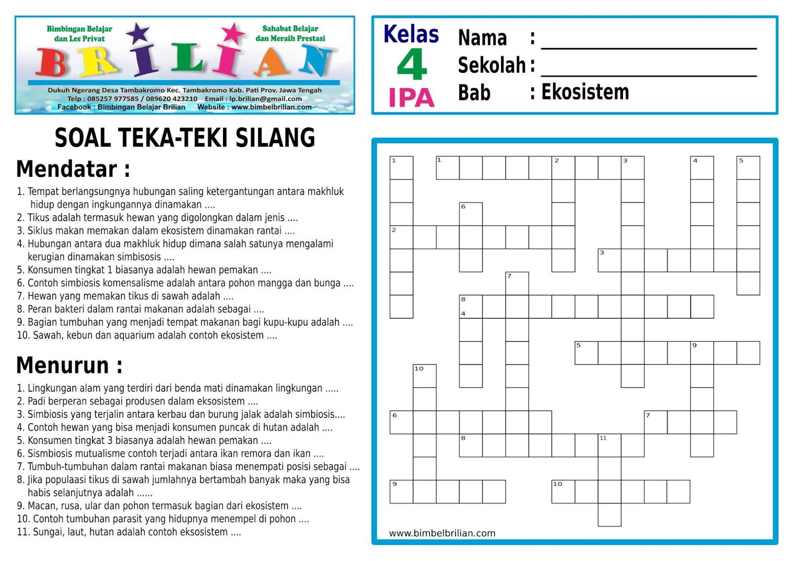 Soal Teka-Teki Silang (TTS) IPA Kelas 4 SD Bab 5 Ekosistem | Bimbel Brilian