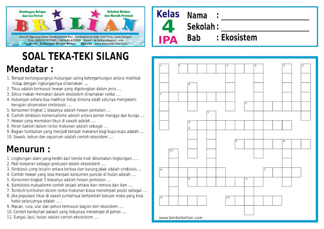 Soal TekaTeki Silang (TTS) IPA Kelas 4 SD Bab 5 Ekosistem