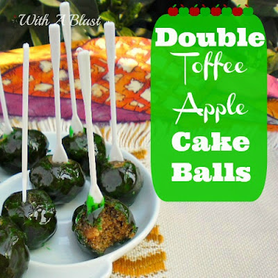 Double Toffee Apple Cake Balls ~ gooey center with a crunchy outer ~ almost like Toffee Apples!  #toffee #cake #apple #toffeeapple #cakepops #partysnacks via:withablast.blogspot.com