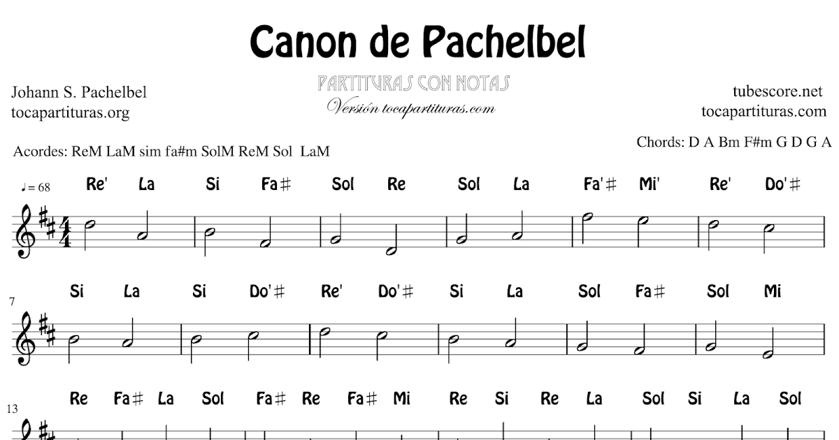 Dictado Sophie Besugo diegosax: Canon de Pachelbel en Re Partitura Fácil con Notas en Letra en  Clave de Sol - Partituras JPG, PDF y MIDI