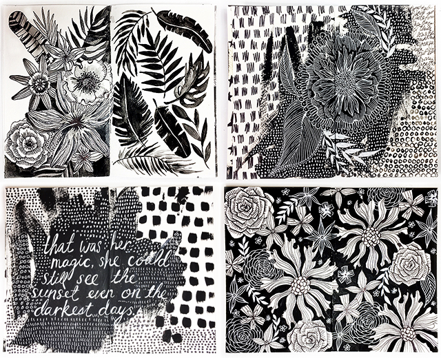 a peek inside my art journal- black and white pages