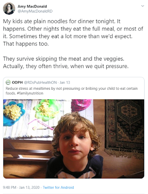 Twitter post: my kids ate plain noodles for dinner tonight. They survive skipping the meat and the veggies. Actually they often thrive, when we quit pressure.