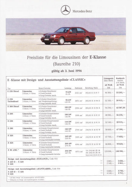 Mercedes-Benz W210 E-Klasse Limousine Preisliste 3. Juni 1996