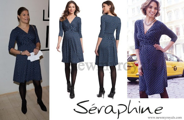 The Crown Princess wore Seraphine Bubble Print Maternity Dress. The blue bubble print dress finishes above the knee, with length sleeves.