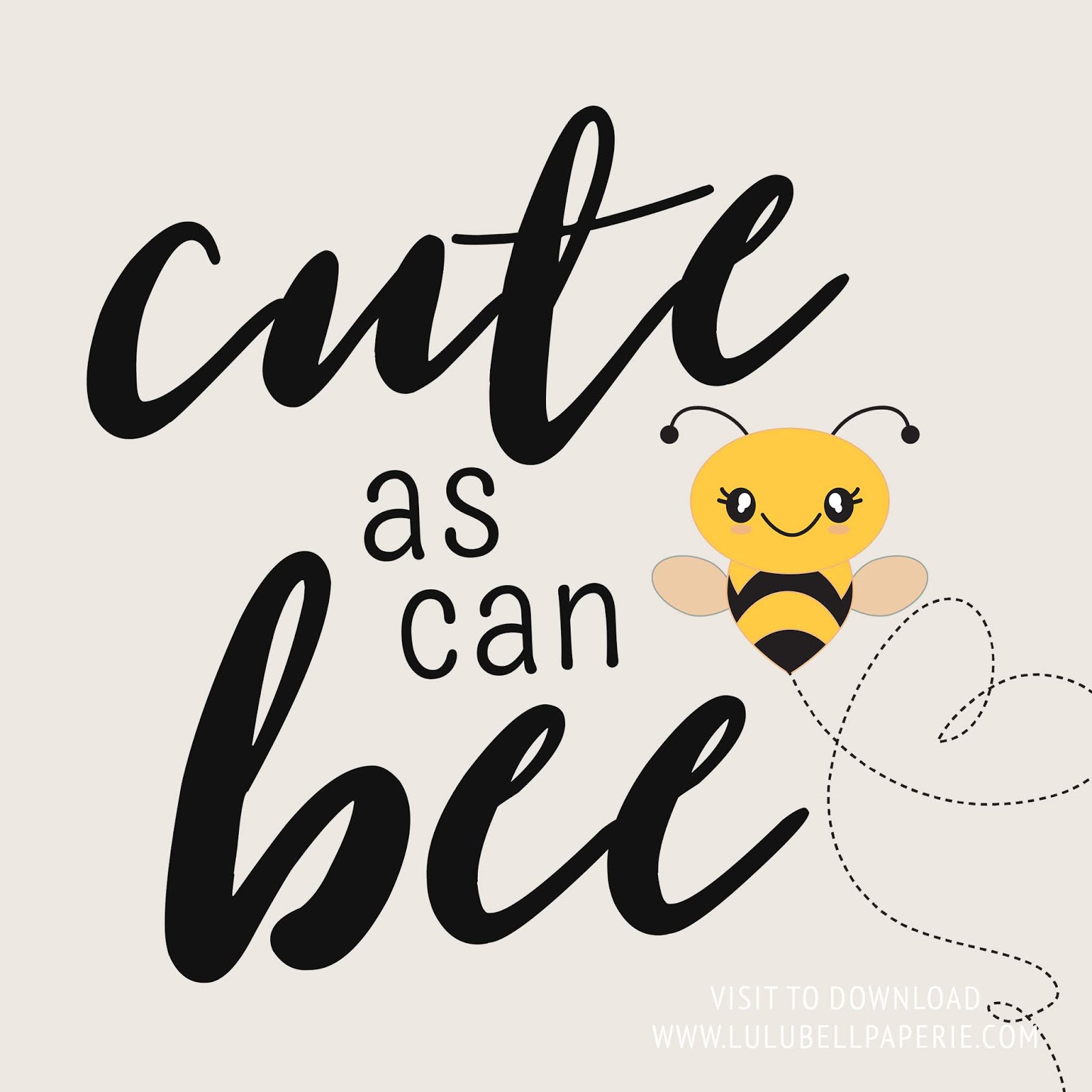 Free art print "Cute as Can Bee" with chibi kawaii honey bumble bees, and bubbly script font. In black and yellow.