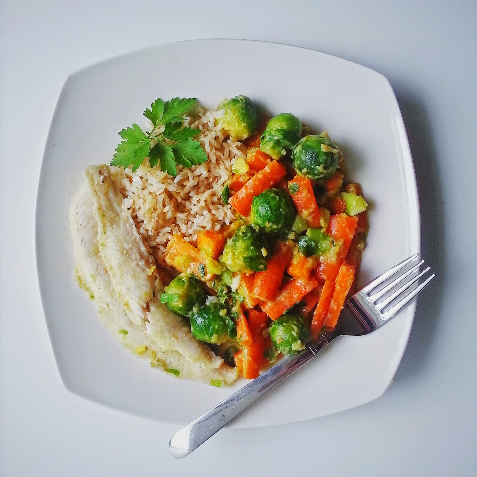 summersolsticejv Creamy Ginger Vegetables with Fish and Brown Rice