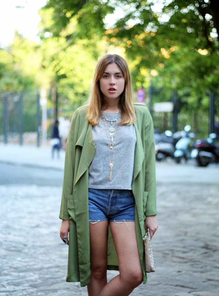 shorts, top and trench