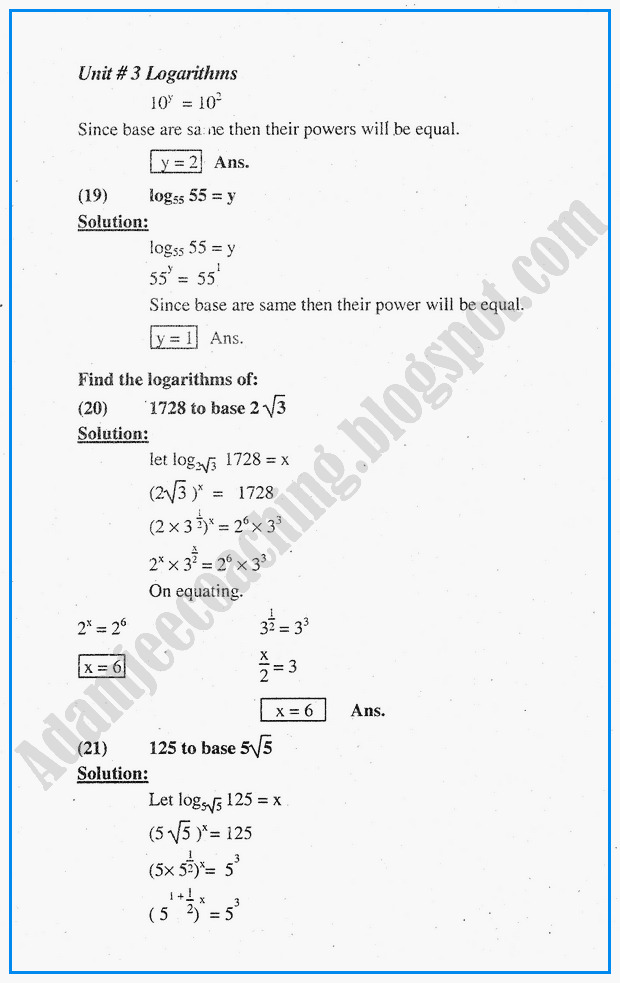 Adamjee coaching exercise 3 2 logarithms mathematics notes for