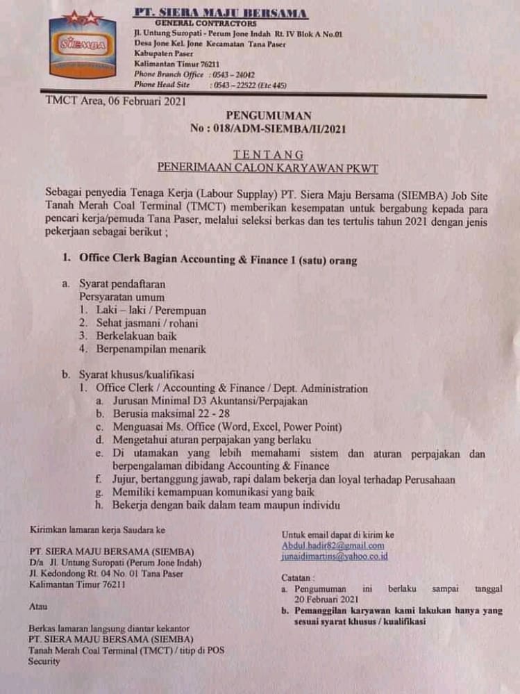 Lowongan Kerja Di Pt Siera Maju Bersama Lokerkabpaser