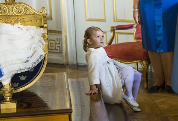 Princess Estelle of Sweden; Crown Princess Victoria of Sweden and Prince Daniel of Sweden are seen at Drottningholm Palace for the Christening of Prince Nicolas of Sweden at Drottningholm Palace