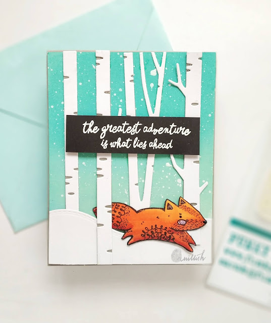 Time out challenges, Adventure card, Funky Fossil Designs The quick brown fox stamp. Fox card, Birch tree die cuts, Visible images,die cutting,Hello blue bird,Quillish,