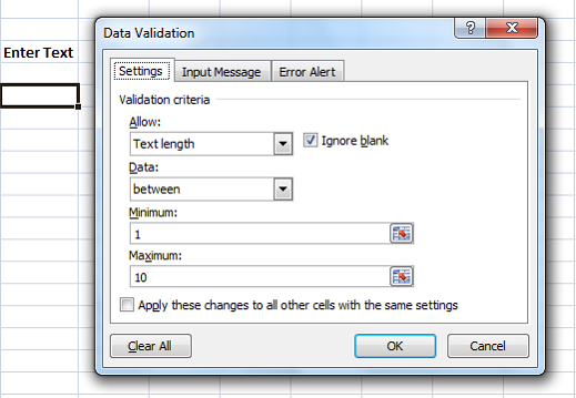 mensajes de error en la configuración de validación de datos de Excel