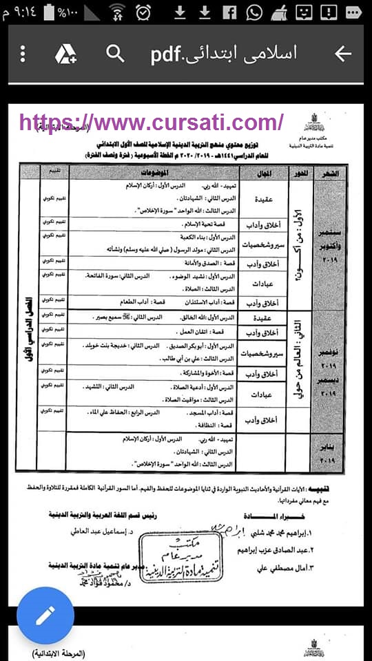 توزيع المقررالدراسي لمنهج مادة التربية الدينية الاسلامية للمرحلة الإبتدائية للعام الدراسي 2019 2020 م