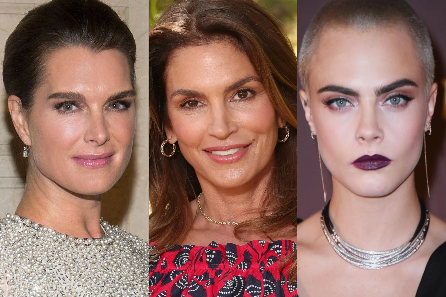 collage with three women celebrities who have naturally bushy eyebrows