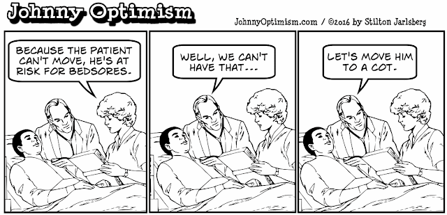 johnny optimism, medical, humor, sick, jokes, boy, wheelchair, doctors, hospital, stilton jarlsberg, bedsores, paralyzed, coma
