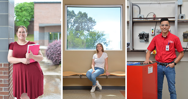 Three indivudal portraits of students standing in various campus facilities