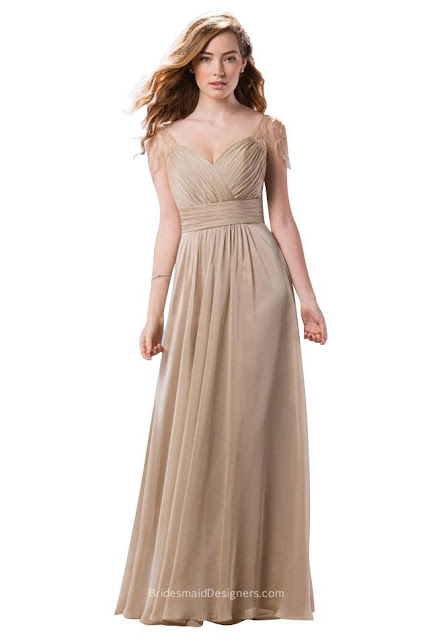 Sheer Beaded Cap Sleeve Latte A-Line Layered Chiffon Ethereal Long Bridesmaid Dress