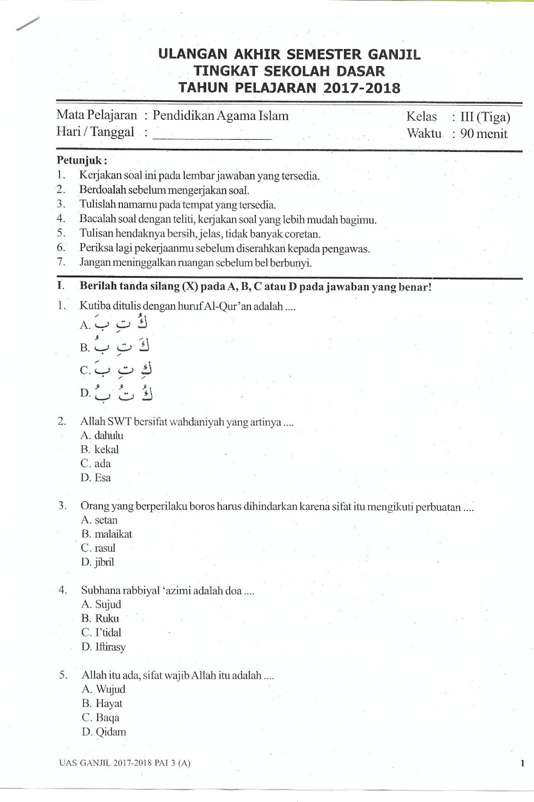 soal essay agama islam kelas 3