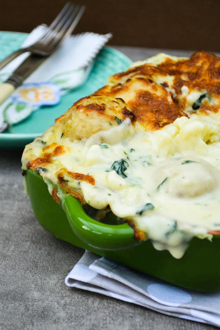 Cheesy Cauliflower and Potato Bake with Spinach Tinned Tomatoes