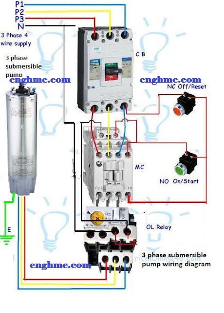 Three-phase Submersible Pump Wiring Diagram with a direct online starter